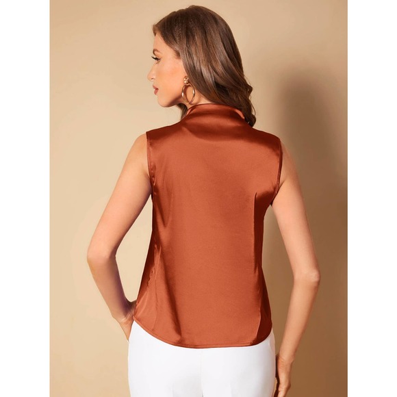 Rust orange Solid V Neck Satin sleeveless Blouse - Picture 2 of 12